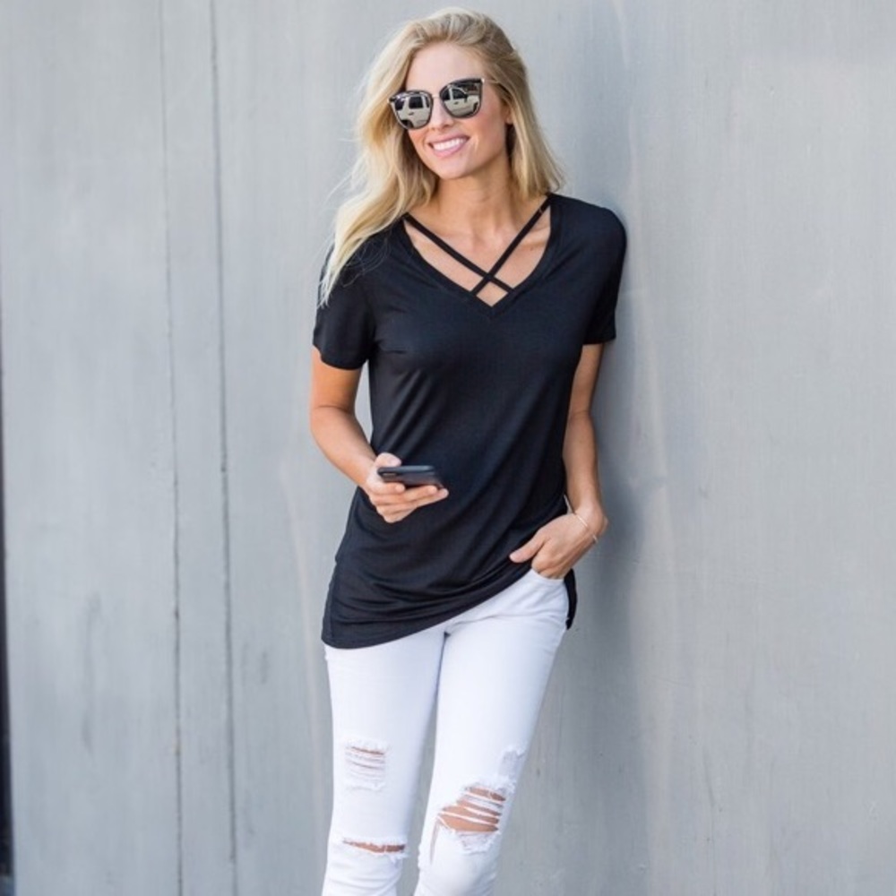 Amaryllis Black Short Sleeve V-Neck Tee with Strappy Detail